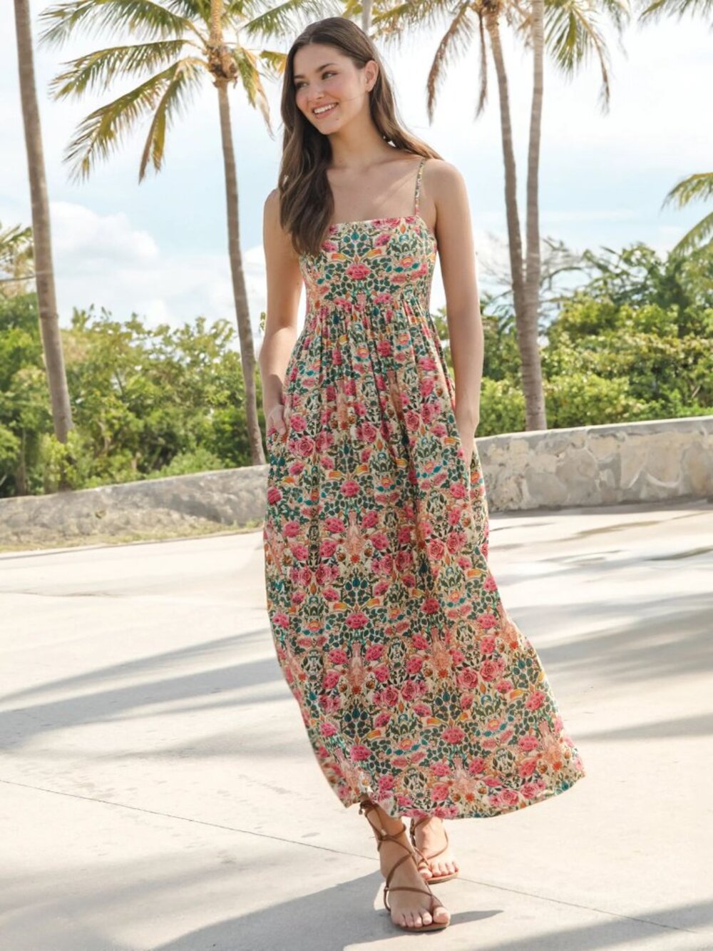 NWT Natural Life Bailey Maxi Dress Cream Pink Rose Floral Large Pockets